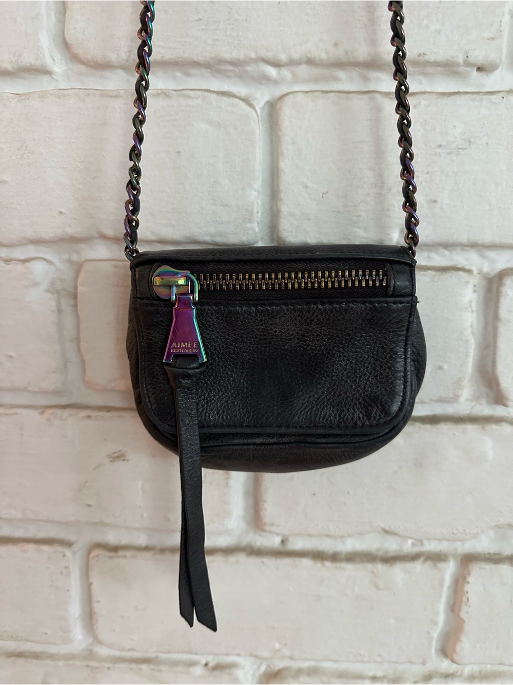 Aimee Kestenberg Black Leather Mini Crossbody Bag with Iridescent Chain and Tag